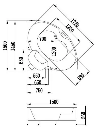 Whirlpool Indoor Badewanne Bologna - 150 x 150 x 65 cm - inkl. LED, OZON, Soundsystem