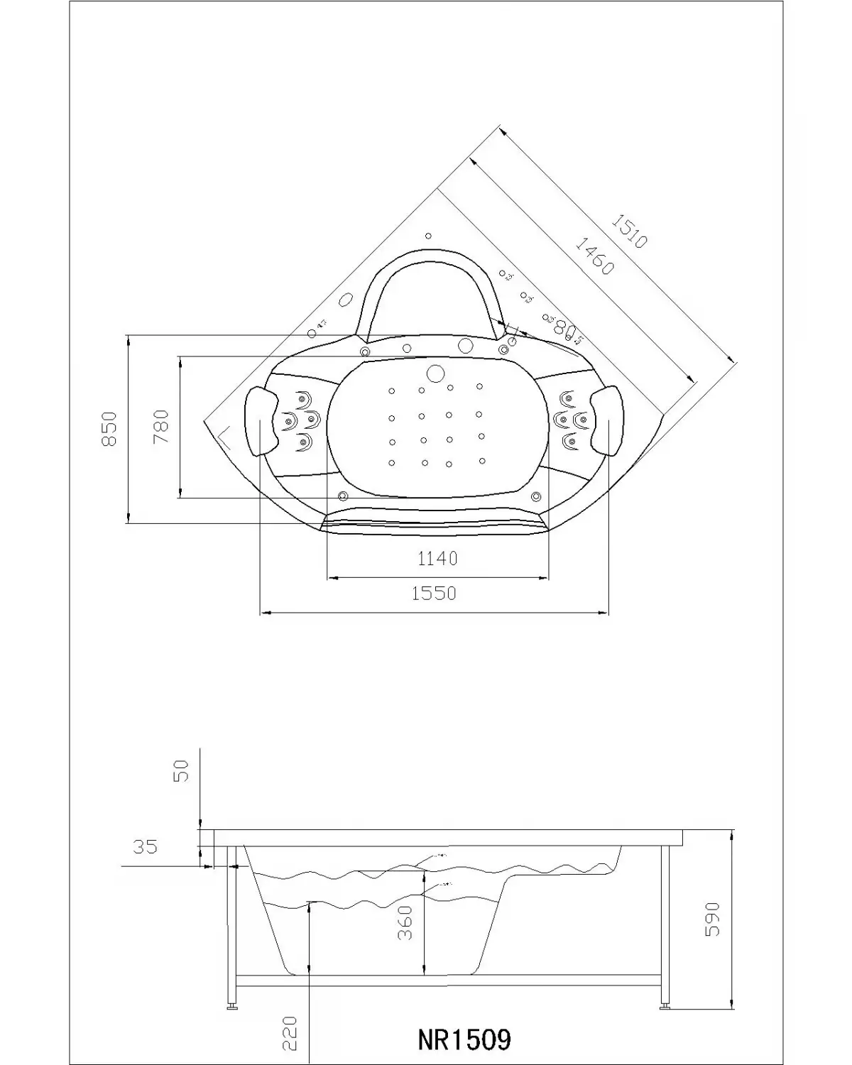 Whirlpool Indoor Badewanne Milano - 150 cm - inkl. LED, OZON, Soundsystem