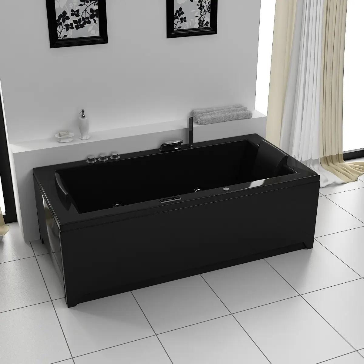 Whirlpool Indoor Badewanne Torino II Black - 182 x 90 x 65 cm - inkl. LED, OZON, Soundsystem