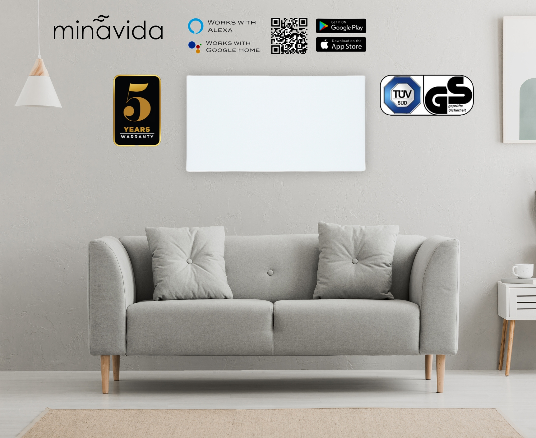 Infrarotheizung Minavida MVA-500 Watt Infrarot Wandheizung Glas Heizkörper inkl. Thermostat WiFi