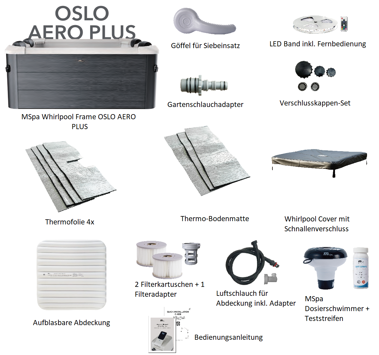 MSpa Whirlpool OSLO AERO PLUS 2026 XXL 180cm inkl. App, LED, 8 Hydromassagedüsen, 140 Luftdüsen