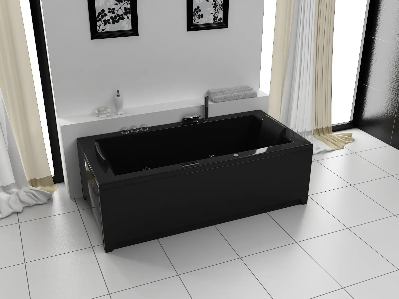 Whirlpool Indoor Badewanne Torino II Black - 182 x 90 x 65 cm - inkl. LED, OZON, Soundsystem