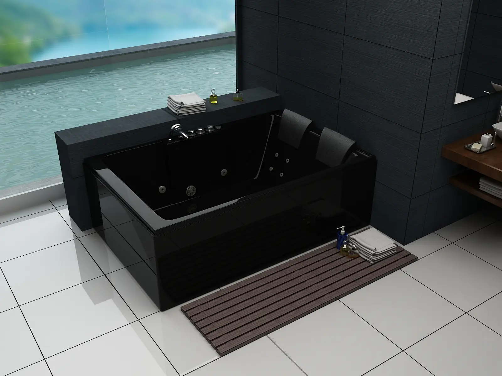 Whirlpool Indoor Badewanne Super Torino BLACK - 180 x 120 x 61 cm - inkl. LED, OZON, Soundsystem