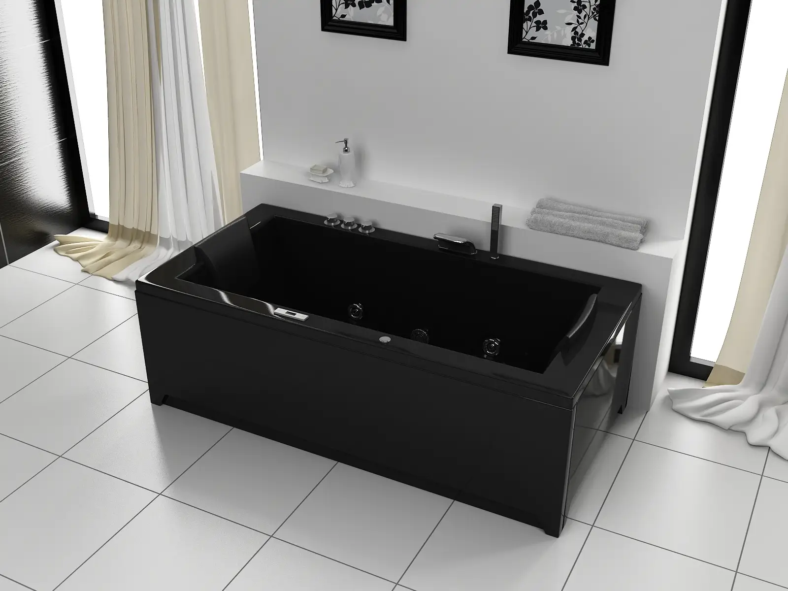 Whirlpool Indoor Badewanne Torino II Black - 182 x 90 x 65 cm - inkl. LED, OZON, Soundsystem