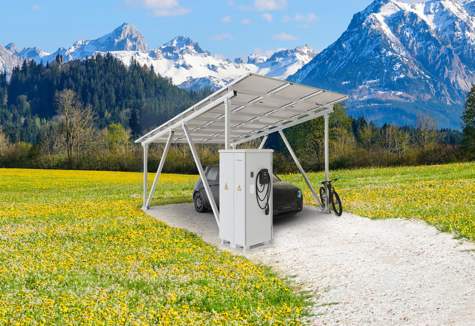 Solarcarport Carport Gestell SP40/ 5-1 inklusive Wallbox, Solarmodulen und Schaltschrank